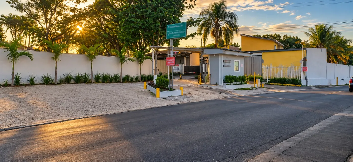 Entrada do condomínio ao pôr do sol, com portaria, muro branco, palmeiras e rua asfaltada