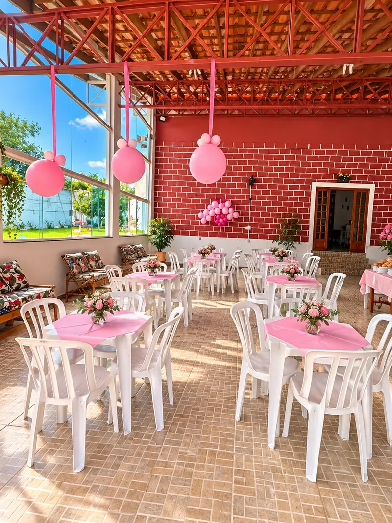 Salão coberto com janelas de vidro, mesas brancas com toalhas rosa, flores e balões rosa pendurados