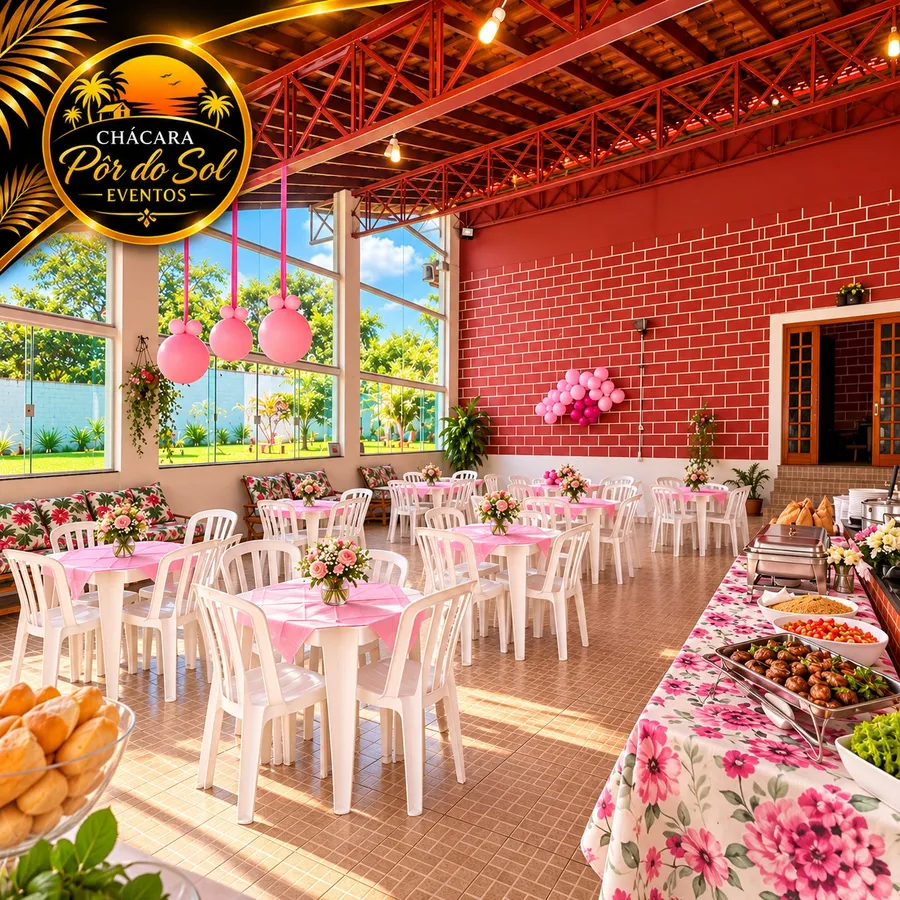 Salão coberto com janelas de vidro, mesas brancas com toalhas rosa, balões e mesa de buffet ao lado