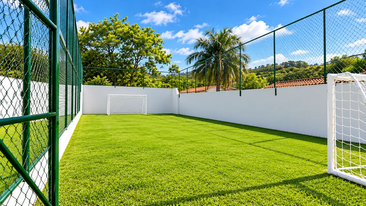 Mini campo de grama com trave, muro branco, tela verde e palmeira ao fundo