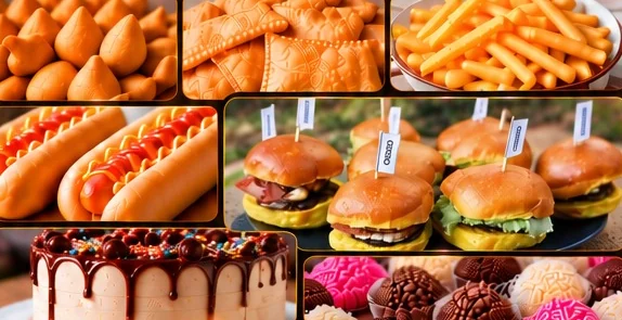 Salgados, hot dog, mini hambúrgueres, bolo e doces do pacote Festa Infantil