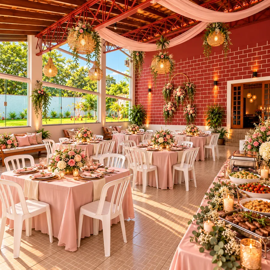 Salão com mesas rosa, arranjos de flores, luminárias de palha e buffet com velas