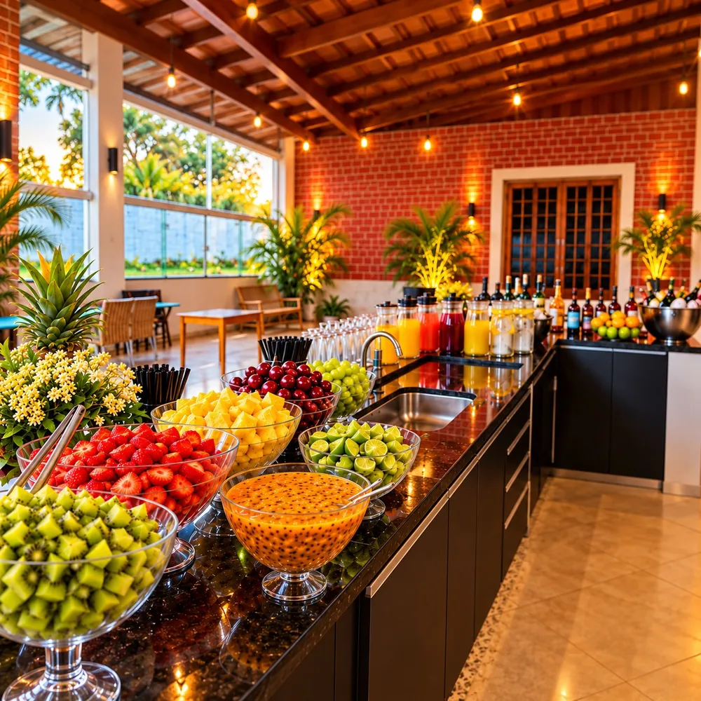 Bancada preta com taças de kiwi, morango, abacaxi, maracujá e limão, jarras de suco e garrafas ao fundo